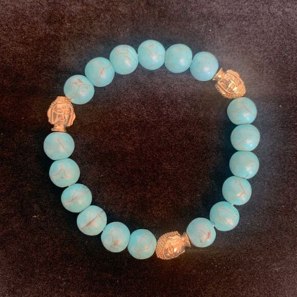 Beautiful Turquoise Beaded Bracelet with Gold Tone Buddah Beads - Picture 1 of 4